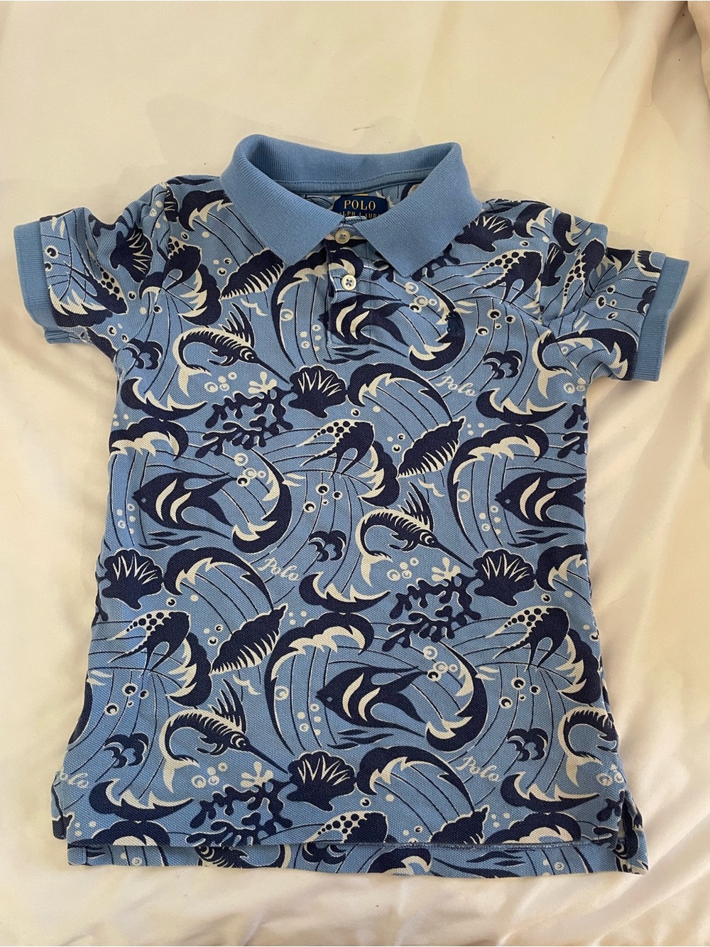 Polo by Ralph Lauren Light and Navy Blue Wave-Print Polo